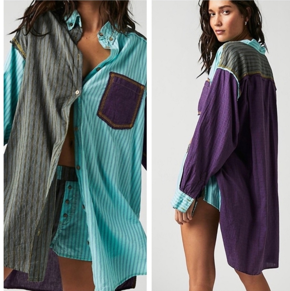 Free People Colorblock Button-Down Shirt in Teal, Purple, and Gray